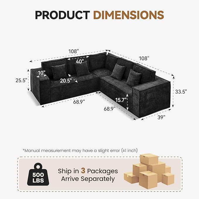108'' Boneless Chenille L Shaped Couch, Oversized Modular Sectional 5 Seater Sofa, Modern Deep Seat Corner Cloud Compressed Couch, No Assembly Sleeper Sofa with Chaise for Living Room, Black