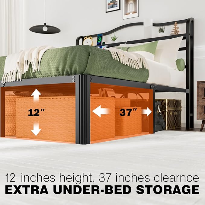 Full Size Bed Frame with Headboard Full Bed Base No Box Spring Needed 14 Inch Tall Black Metal Bed Frame with Charging Station and Large Storage Space,Heavy Duty & Anti Noisy (14 Inch, Full)