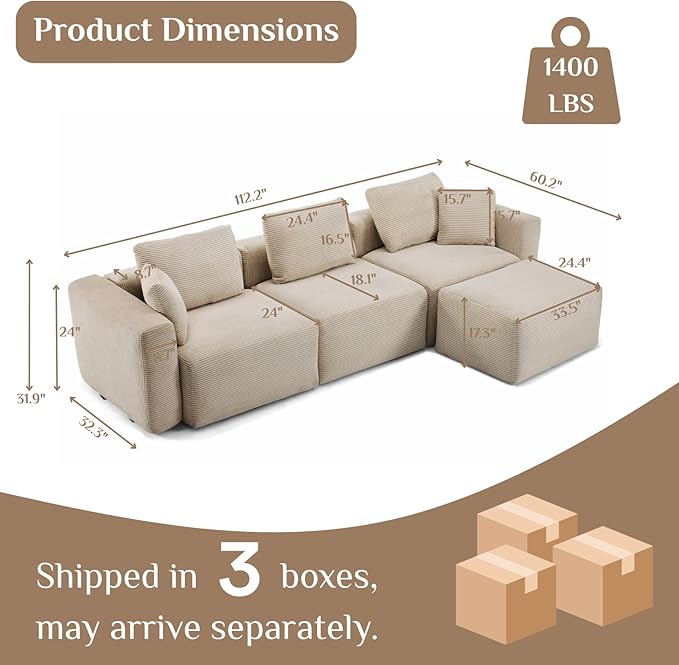Karl home 112" Sectional Couch with Movable Ottoman, Modern Corduroy Cloud Sofa Set with Deep Seat, Convertible L-Shape Boneless Couch for Living Room, Apartment, Studio, Khaki
