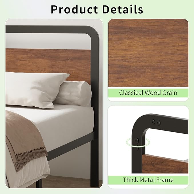 Richwanone Twin Bed Frames with Wood Headboard and Footboard,14 Inch Metal Platform Frame with Steel Slat Support, No Box Spring Needed, Easy Assembly, Black