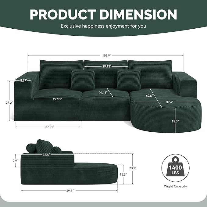 Boneless Couches for Living Room,Cloud Sectional Couch with L-Shape Chaise,Modern Modular Sofa with Deep Seat Upholstered Comfy Couches for Bedroom,No Assembly Required,1PCS