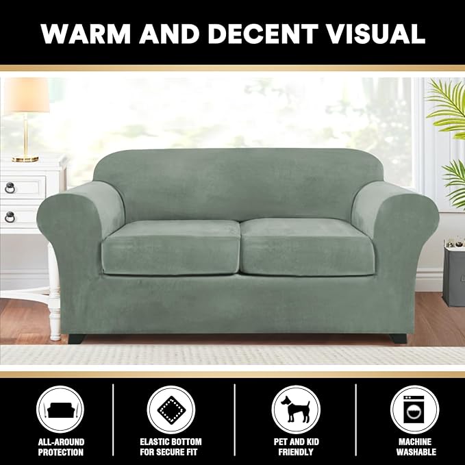 PrinceDeco Velvet Couch Cover Loveseat Covers for 2 Cushion Couch 3 Piece Sofa Covers for Dogs Washable Loveseat Covers Width Up to 72 Inch No Slip Stretch Sofa Slipcover(Medium, Seagrass)