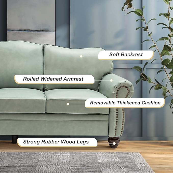 HULALA Home 81'' Genuine Leather Sofa with Nailhead Trim and Rolled Armrests, Mid-Century Modern Living Room 3-Seater Couch, Sage Couch with Removable Cushion for Bedroom Apartment