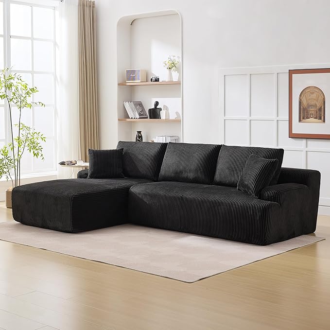 Sectional Cloud Boneless Couch 106" Modern Comfy L-Shape Corner No Assembly Required Convertible Compression Sleeper Modular Sofa with Corduroy Fabric Deep Seat Loveseat + Chaise for Living Room