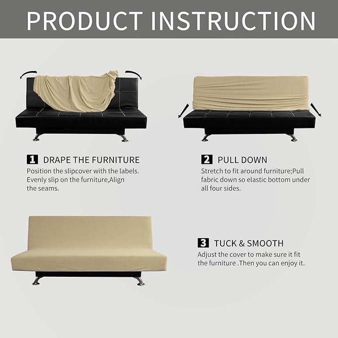 Easy-Going Stretch Futon Slipcover Armless Futon Bed Cover Furniture Protector Without Armrests with Elastic Bottom for Kids, Soft Jacquard Fabric Small Checks (Large, Beige)
