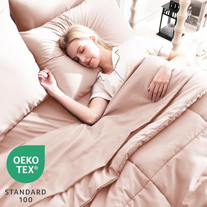 CozyLux Oversized Queen Comforter Sets Blush Pink, 7 Pieces Bed in a Bag, Ultra-Soft All Season Bedding Sets with Stitch Quilted Comforter, Flat Sheet, Fitted Sheet, Pillowcases