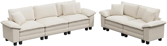 PHI VILLA 2 Pieces Modular Sofa and Loveseat Set, Corduroy 5-Seater Oversized Couch Sets with Deep Seat, Sectional Couches for Living Room, Beige