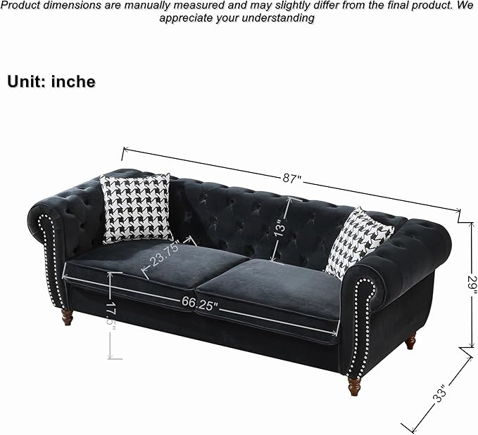 Comfortable Straight-Row Sofa with 2 Pillows,87" Refined Velvet 3 Seat Sofa with Roll Armrest & Nailhead,Sturdy Structure Upholstered Couch for Apartment,Office,Reception Area,Black