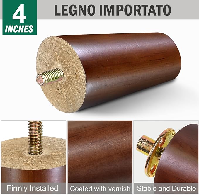 FoDau770 Brown Rubber Wood Furniture Legs 4 Inches, Slant Tapered Wood Feet Mid Century Sofa Legs Set of 4, 5/16" UNC Furniture Feet Replacement Parts for Cabinet Couch Dresser Chair Ottoman Table