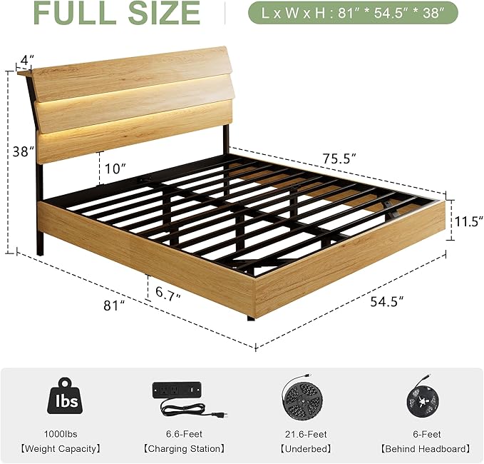 Feonase Floating Bed Frame Full with Led Lights and Charging Station, Wood Full Size Bed Frame with Storage Headboard, Heavy Duty Metal Slats, No Box Spring Needed, Easy Assembly, Noise-Free,Oak