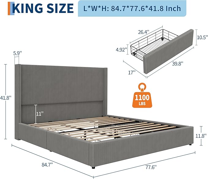 Garvee Bed Frame King Size with 4 Storage Drawer, Bed Frame with Headboard and Corduroy Vertical Channel Tufted Wingback, Sturdy Wooden Slats Support, Noise Free, Grey