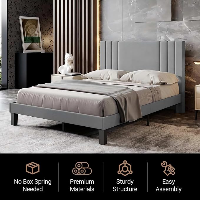 Tyndall Queen Size Bed Frame, Linen Fabric Upholstered Platform with Headboard