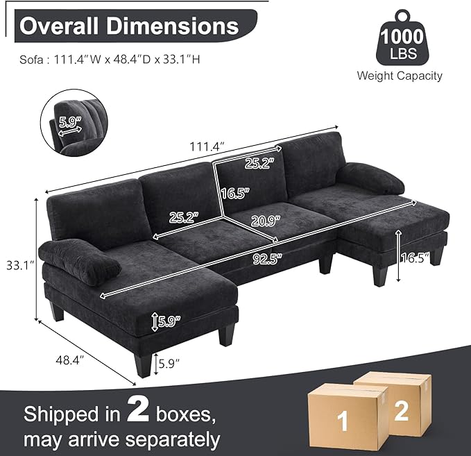 Karl home 111" Sectional Sofa U-Shaped 4-Seat Couch with Chaises Wood Grian Legs Chenille Fabric Upholstered for Living Room, Apartment, Office, Black