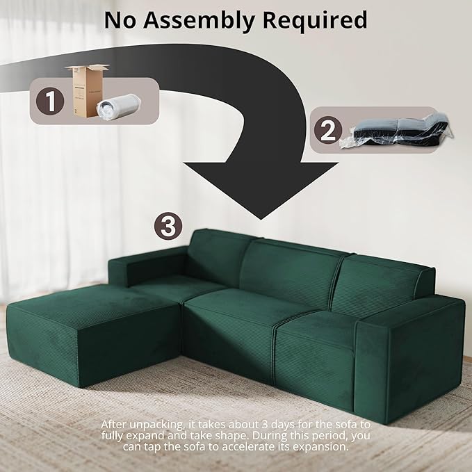 Cozy Castle 106" Modular Sectional Sofa, L Shaped Corduroy Boneless Couch with Deep Seat and Ottoman Chaise Cloud Sofa Upholstered Couches for Living Room Bedroom No Assembly Required (Green)