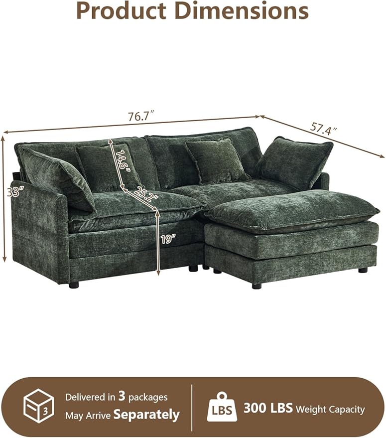 Modular Sectional Sofa with Ottoman, 76.7" Modern L Shaped Sectionals Cloud Couch, Comfy Couch Loveseat, 3 Seat Chenille Deep Seat Sofa with Pillow for Living Room,Bedroom Apartment,Small Spaces-Green