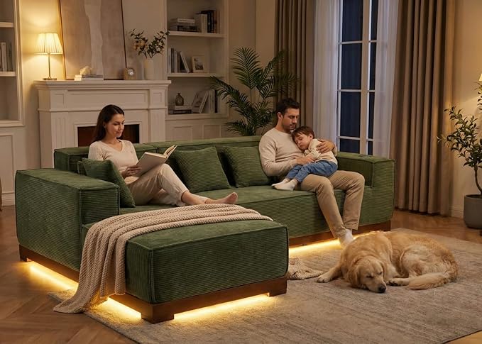 LIKIMIO 110” L-Shaped Sofa with LED Lights, Cloud Boneless Couch with Oversized Chaise, Deep Seat, Built-in Holder & Storage Pocket, Upholstered Couches for Living Room and Apartment, Green