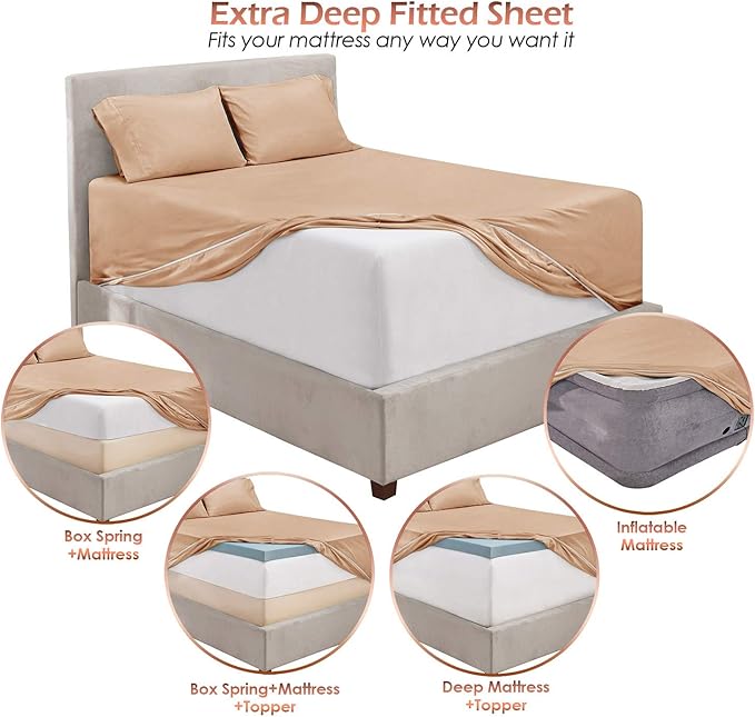 Hearth & Harbor Extra Deep Pocket Sheets - Fits Mattress 18-24 Inches Deep - Extra Deep Pocket Full Size Sets - 6 Piece Full Size - Full - Taupe