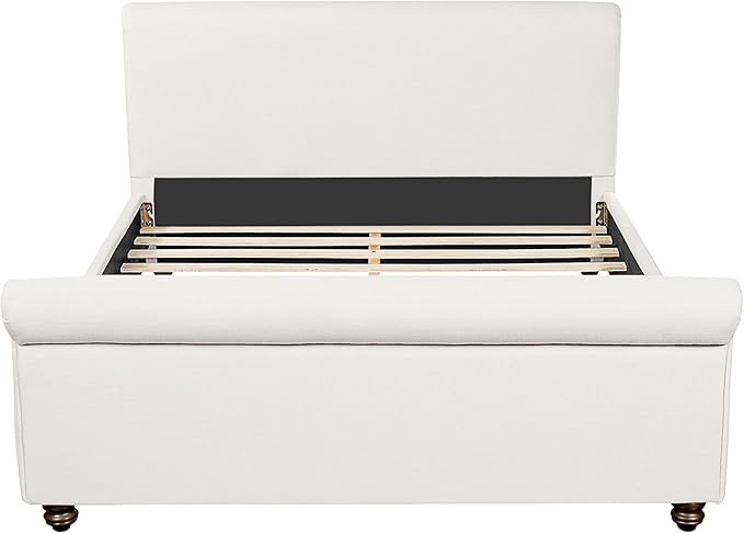 Christopher Knight Home Chenzi Linen Upholstered Queen Bed Frame with Headboard and Footboard, Wooden Platform Queen Size Bed Frame and Double-Layer Oval Legs, No Box Spring Needed, White
