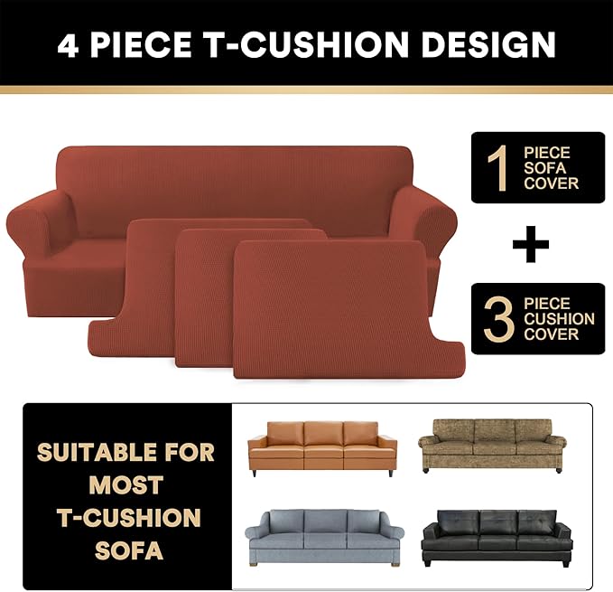 PrinceDeco T Cushion Sofa Slipcover 4 Pieces Sofa Covers for T Cushion Couch Soft Sofa Slip Covers Furniture Protector with 3 Individual T Shape Seat Covers Width Up to 88", Rust