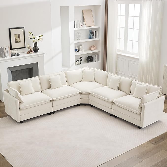 113'' V Shaped Cloud Sectional Sofa, Oversized Deep Seat Couches for Living Room, Chenille Comfy Upholstered Modular Sectional Sofa Couch, Beige