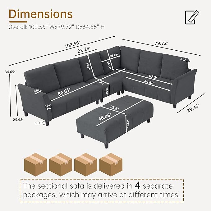 103" Convertible Sectional Sofa with Long Ottoman, Modern Upholstered Fabric L-Shaped Couch with Back Cushions, 6 Seat Sofa Couches for Living Room, Apartment, Office, Dark Grey