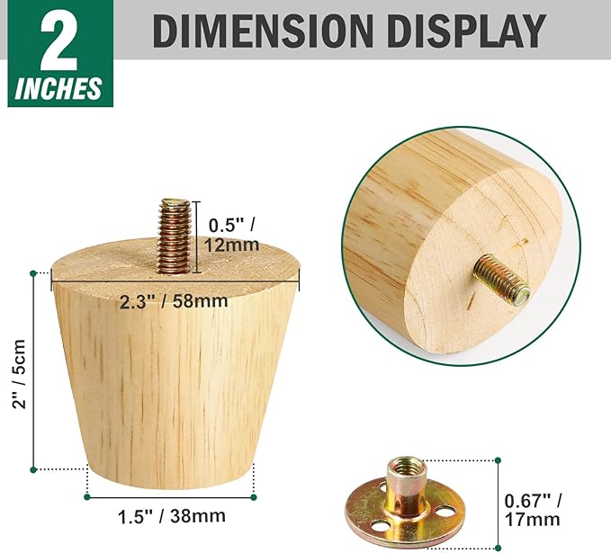 FoDau770 Rubber Wood Furniture Legs 2 Inches, Straight Tapered Wood Feet Mid Century Sofa Legs Set of 4, 5/16" UNC Furniture Feet Replacement Parts for Cabinet Couch Dresser Chair Ottoman Table