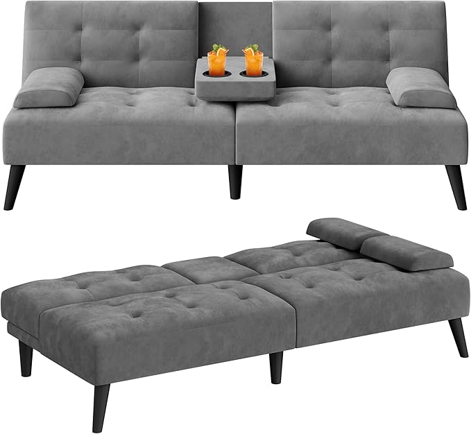 Meilocar 64" Futon Sofa Bed, Convertible Loveseat with 2 Cup Holders, Small Couch with 3 Adjustable Angles & Armrests, Sleeper Sofa for Apartment, Office, Dark Grey | small couch