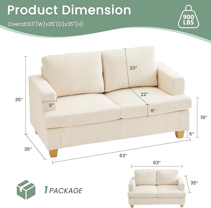 YOUDENOVA 3 Pieces Corduroy Couch Set for Living Room, 3 Seater*2 & Loveseat Cloud Sofa, Deep Seat Floor Couch for Bedroom, Futon Modern Sofa Bed, White Corduroy