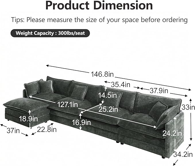 mikibama Modular Sectional Sofa, 146.5 Inch L Shaped Couch Set for Living Room, 4-Seater Comfy Cloud Couches with Movable Ottoman, DIY Combination, Chenille, Grey
