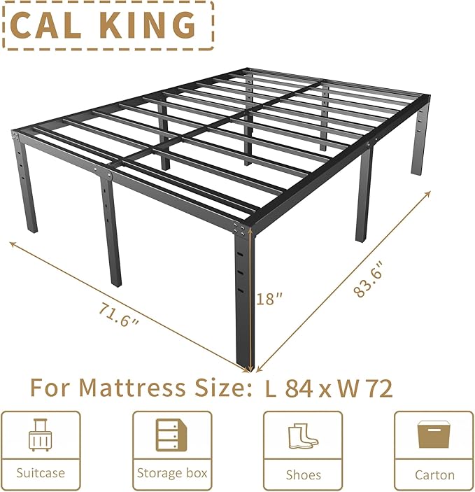 HOBINCHE 18 Inch Metal Cal King Size Bed Frame No Box Spring Needed - Easy Assembly Heavy Duty Noise Free Narrow Bedframes - Double Black Basic Steel Slats Platform with Storage