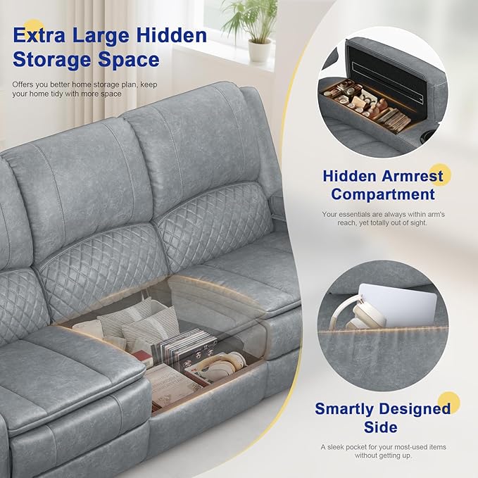 3+1 Manual Recliner Sofa, Maximum Load Capacity 1800lbs & Ergonomics Design, Multi-Functional Middle Seat & Home Theater Seating with Removable Armrest and Storage for RV Living Room (PU,Grey)