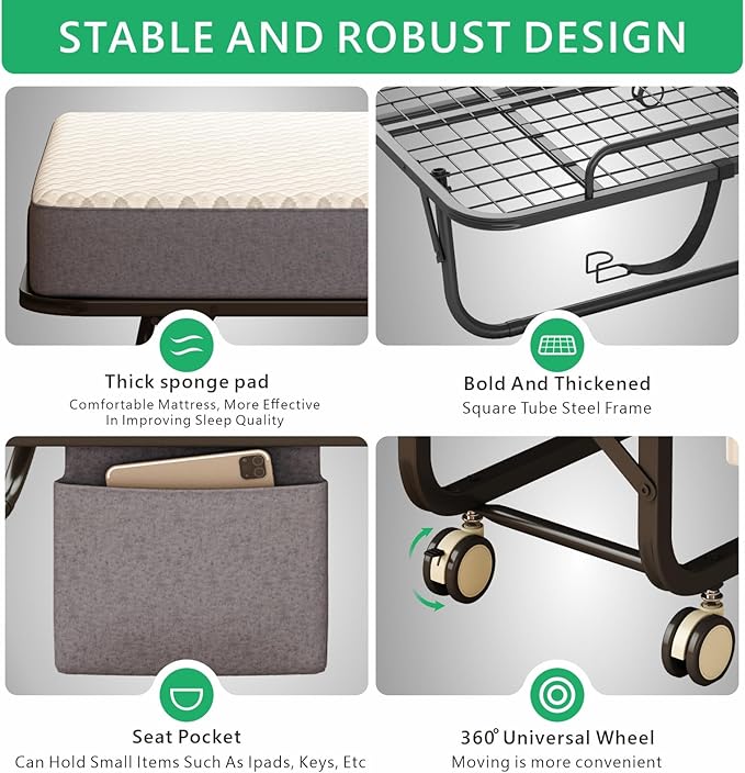 Folding Bed with Mattress for Adults, 75" x 45" Portable Twin XL Size Rollaway Bed, Metal Frame Foldable Guest Bed with Memory Foam Mattress,Deluxe Extra Beds with Side Storage Pocket