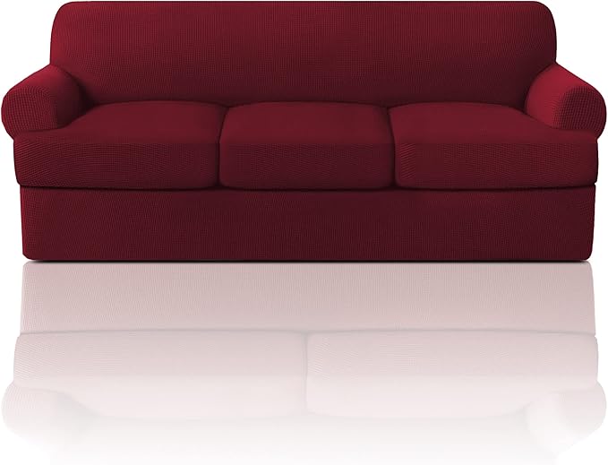 PrinceDeco T Cushion Sofa Slipcover 4 Pieces Sofa Covers for T Cushion Couch Soft Sofa Slip Covers Furniture Protector with 3 Individual T Shape Seat Covers Width Up to 88" Burgundy