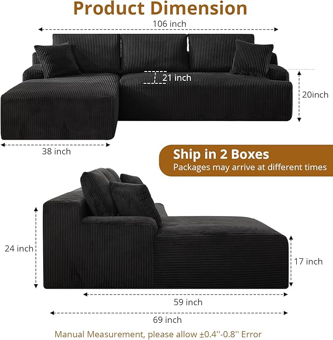 Sectional Cloud Boneless Couch 106" Modern Comfy L-Shape Corner No Assembly Required Convertible Compression Sleeper Modular Sofa with Corduroy Fabric Deep Seat Loveseat + Chaise for Living Room