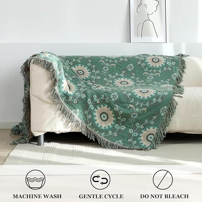 Boho Throw Blanket for Bed 100% Cotton Ultra Soft Rustic Quilt Spring Blanket Floral Printed Farmhouse Decor Bed Blankets,60"x80" All Season Rustic Throw for Sofa Couch Chair