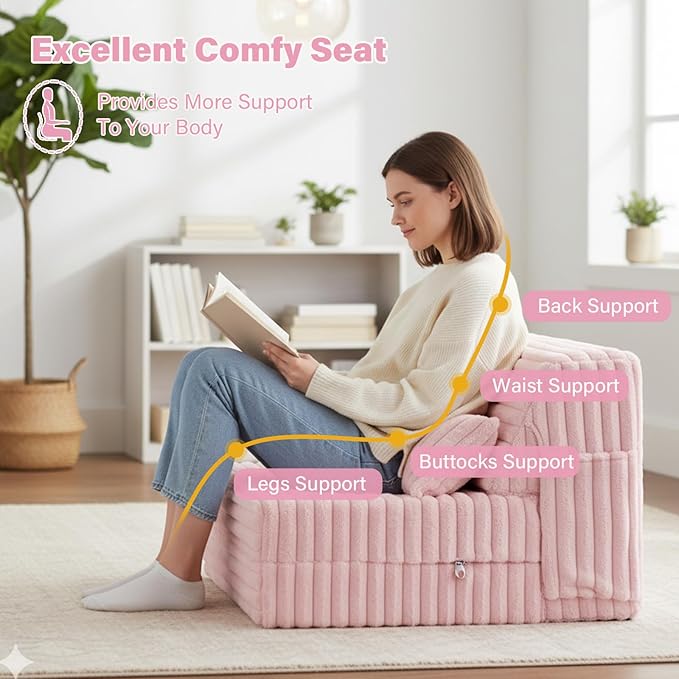 Tiita Folding Sofa Bed - 4-Fold Convertible Sleeper Chair with Corduroy Cover and Rectangular Pillow, Floor Sofa Mattress for Adults, Single Size, Pink