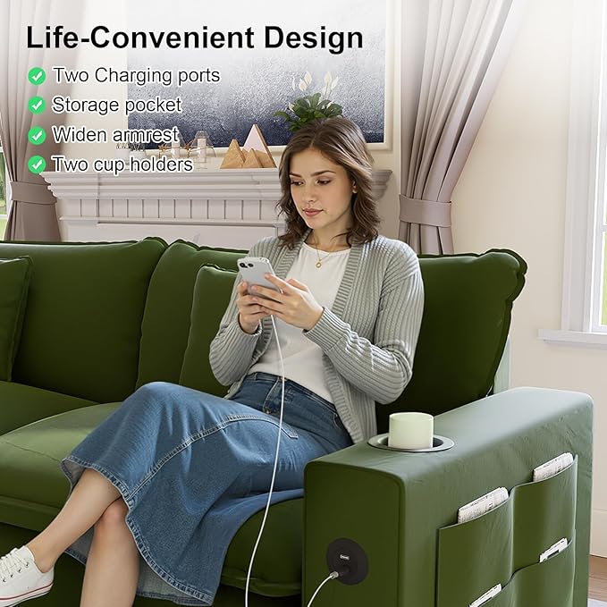 116" Modular Sectional Sofa, L Shaped Cloud Couch with Movable Ottoman, Chenille Deep Seat Cloud Sofa with Charging Station, Cup Holder, Side Pocket, Sectional Couches for Living Room, Green