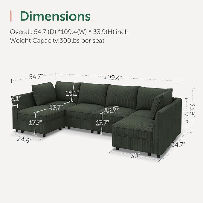 HONBAY Modular Sectional Sofa Couch with Storage, Modern U Shaped Sectional Sofa, Convertible Sectional Couch for Living Room - Green