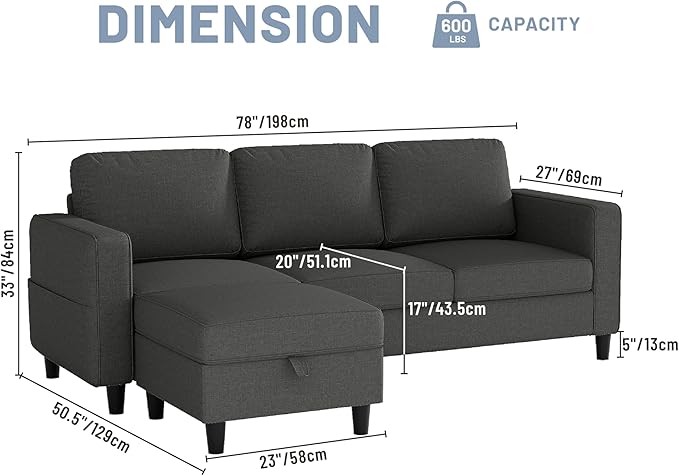 Sectional Couches for Living Room 78" Convertible L Shaped Couch with Removable Storage Ottoman 3 Seater Sofas Modern Linen Dark Grey Sofa for Apartments Studios Dorms Small Spaces