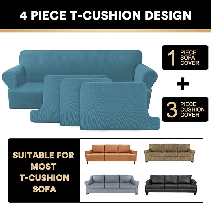 PrinceDeco T Cushion Sofa Slipcover 4 Pieces Sofa Covers for Couch, Soft Couch Cover Slip Covers with 3 Individual T Cushion Shape Seat Covers Width Up to 88 Inch, Washable, Storm Blue