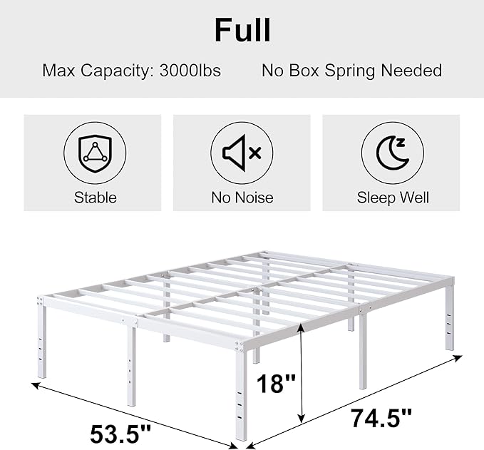 DiaOutro 18 Inch White Full Size Bed Frame Heavy Duty Metal Platform No Box Spring Needed, Maximum Storage, Easy Assembly, Noise Free