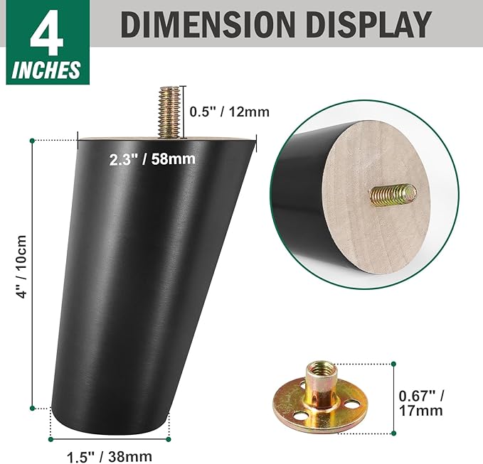 FoDau770 Black Rubber Wood Furniture Legs 4 Inches, Slant Tapered Wood Feet Mid Century Sofa Legs Set of 4, 5/16" UNC Furniture Feet Replacement Parts for Cabinet Couch Dresser Chair Ottoman Table