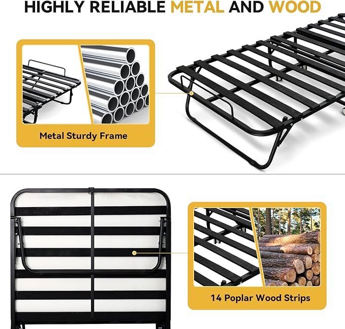 Folding Bed with Mattress for Adults, Twin Size Portable Foldable Bed with Metal & Wood Frame, Rollaway Guest, 75" x 38"