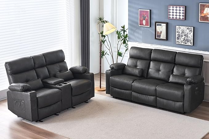 Power Recliner Sofa Set for Living Room, 2 Pieces Recliner Furniture Sofa Set, Power Reclining Sofa and Loveseat Set with Massage and Heat, Reclining Loveseat with Console for Living Room