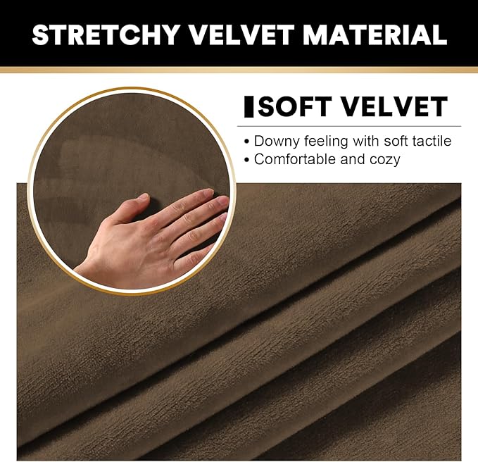 PrinceDeco Velvet Couch Covers for Sofa Soft 4 Pieces Couch Covers for 3 Cushion Couch Sofa Pet Friendly Furniture Protector with Non Slip Elastic Bottom Width Up to 90 Inch (Large, Bronze Brown)