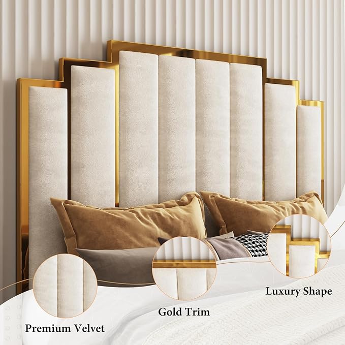 AMERLIFE Queen Size Upholstered Bed, Modern Velvet Bed Frame with 61.4” Tall Gold Trim Headboard, No Box Spring Needed, Cream