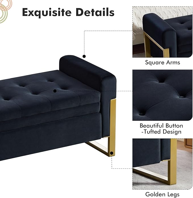 67" End of Bed Storage Bench King Size, Velvet Storage Bench for Bedroom Foot of Bed, Upholstered Storage Ottoman Bench with Gold Legs for Window Living Room Entryway, Black