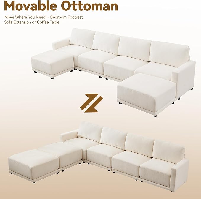 143.8" Modular Sectional Sofa Modern Chenille U Shaped Couch with Thickened Seat Cushions, Easy Assembly, Upholstered 6 Seater Couch with 2 Movable Ottomans for Living Room, White