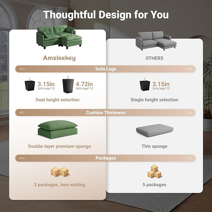Modular Sectional Sofa, 76.5" L-Shaped Corduroy Comfy Sectional Couches for Living Room, 2-Seater Cloud Couches with 1 Movable Ottoman, Flexible Combination Modern Deep Seat Sofa (Green)