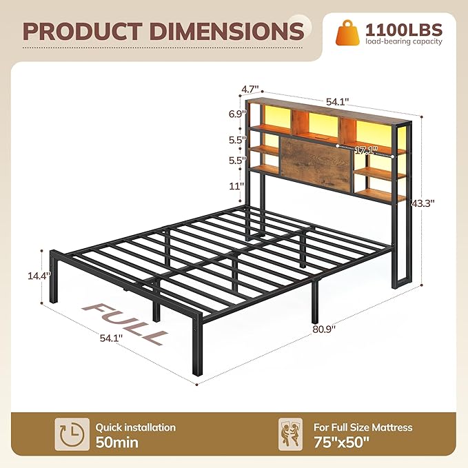 Full Size Bed Frame with Storage Headboard, LED Lights & Charging Station Heavy Duty Metal Platform Bed for Small Bedrooms, 1100 LBS Capacity, No Box Spring Needed, Easy Assembly,Vintage Brown